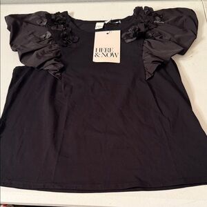 Black Ruffle-Sleeve Floral Applique Top